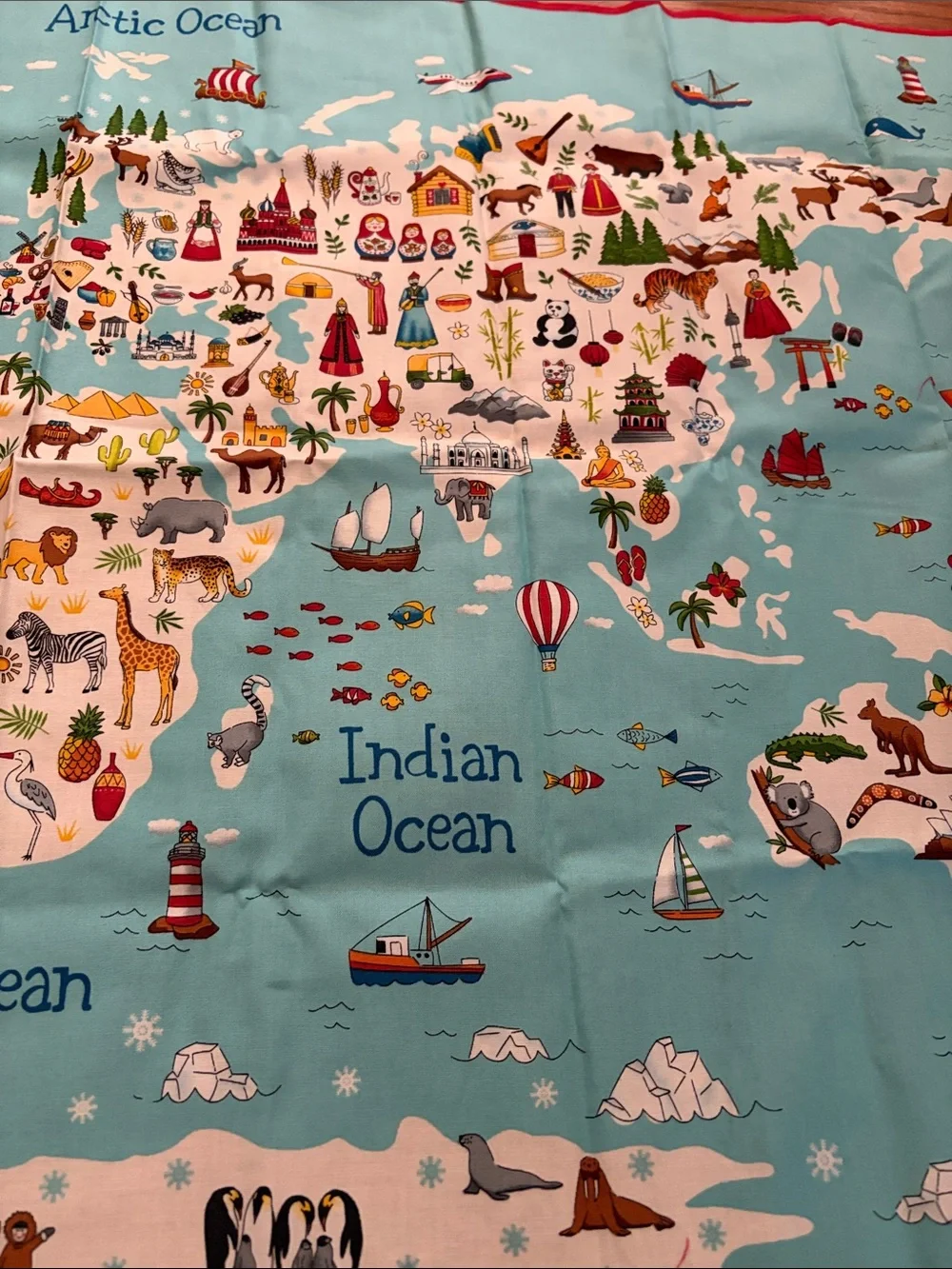 Children's World Map  on material Light Aqua with Colorful Icons